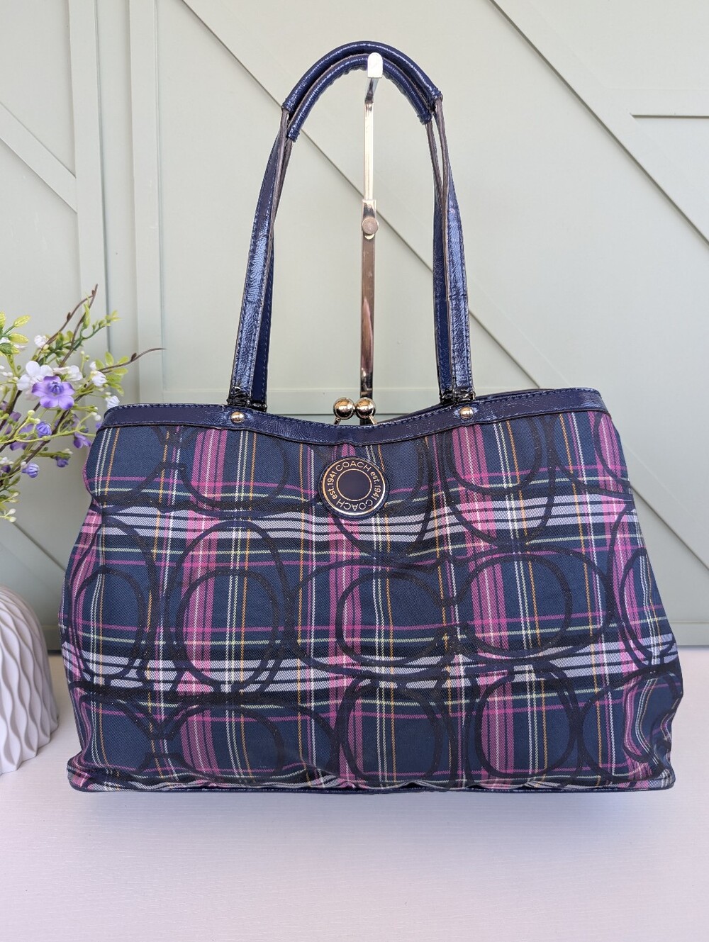 Coach Navy Plaid Tote with Pink and White Accents - Picture 2 of 14
